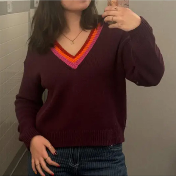 Marine Layer Burgundy Oversized Sweater LARGE V-Neck Preppy Cotton Wool $148 - Picture 5 of 11